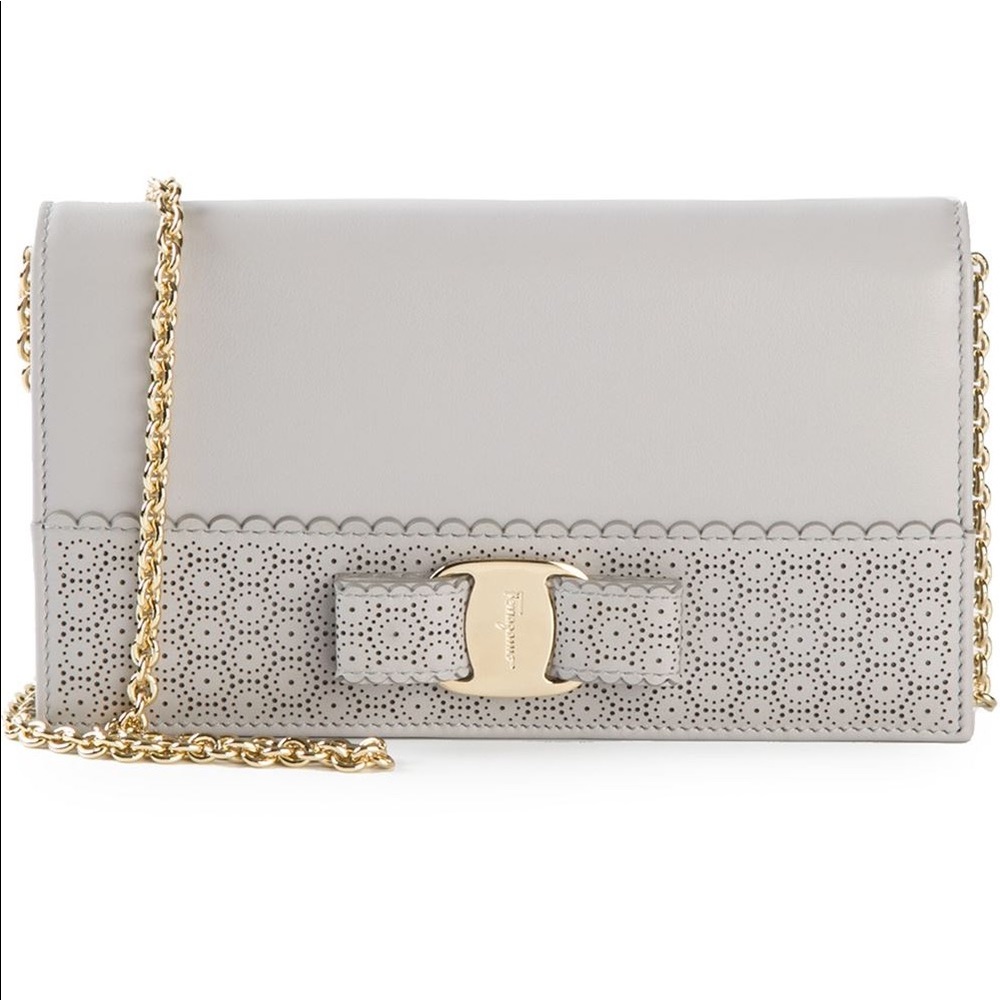 Ferragamo Gray Bow Purse on Gold Chain